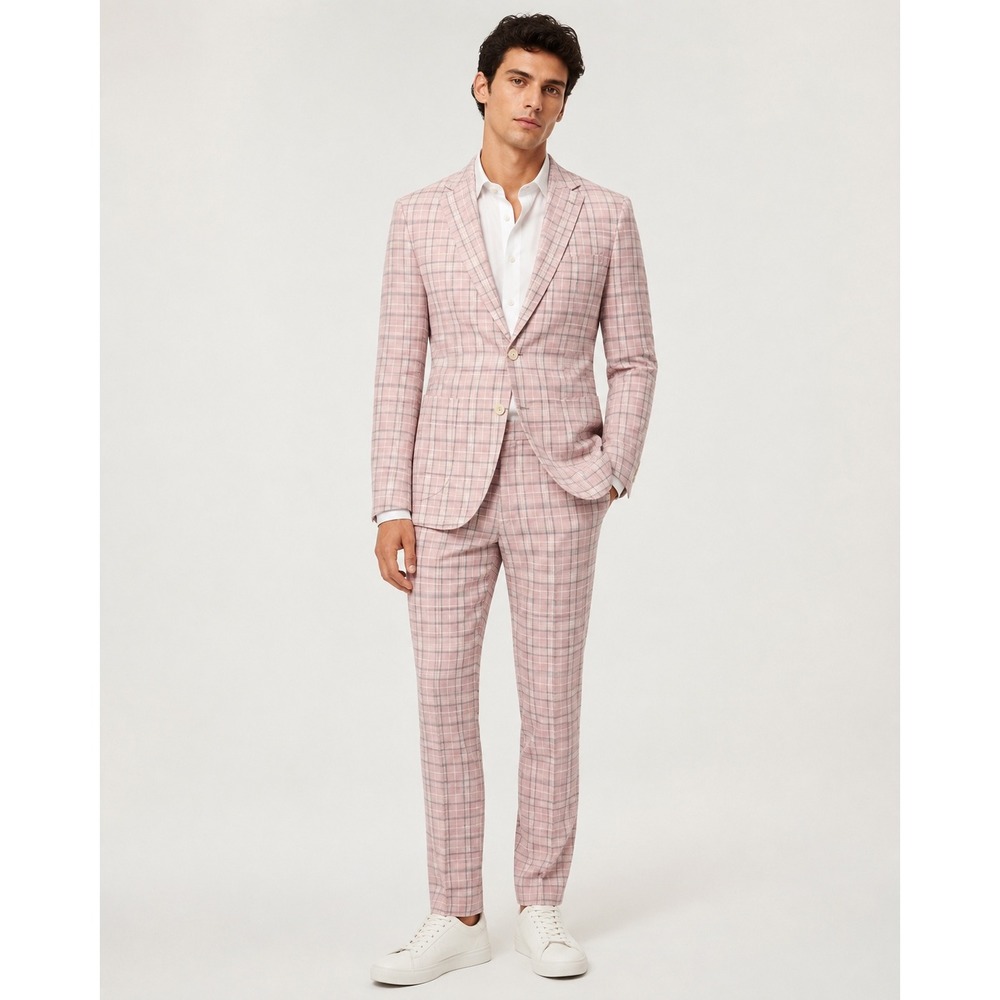 ASOS DESIGN Mens Pink Windowpane Plaid Linen Blend Slim Fit 2 Piece Suit 36R